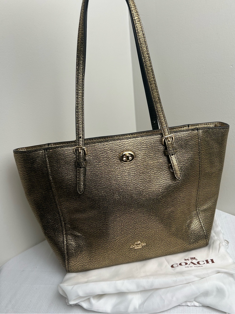 Coach Metallic Turn-lock Foiled Gold Leather Tote with Dust Bag